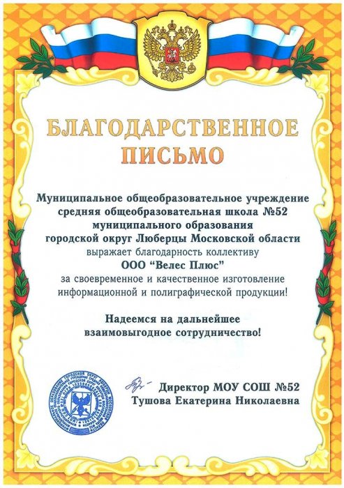 Благодарственное письмо от директора МОУ СОШ №52 Тушовой Екатерины Николаевны